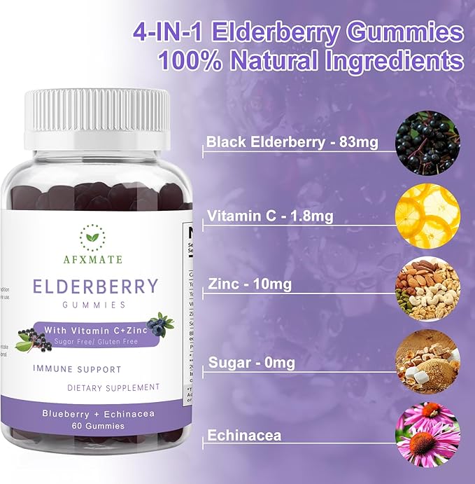 AFXMATE Sambucus Elderberry Gummies, Black Elderberry Gummy with Zinc and Vitamin C for Adults, Sugar Free Kids Multivitamin Gummies Immune Support* Supplement (2 Pack)