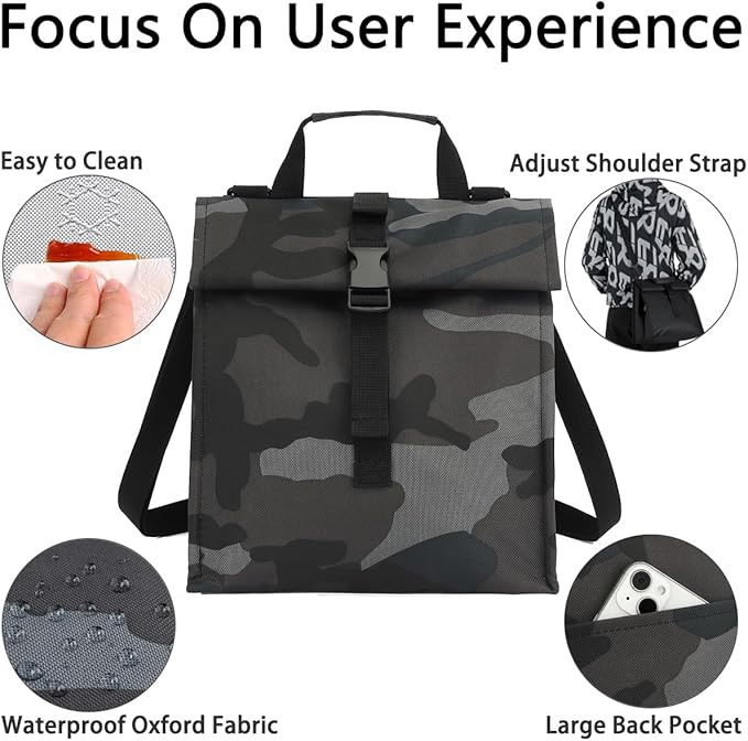 Insulated Lunch Bag for Men/Women,Roll top Reusable Lunch Box with Adjustable Shoulder Strap,Thermal Lunch Cooler Tote Container for Adults Work Office Picnic,Black Camouflage