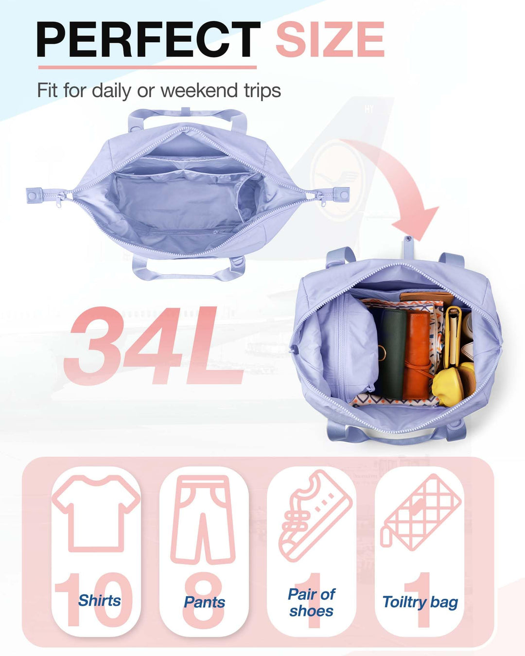 BAGSMART BAGSMART Gym Bag for Women, Carry on Weekender Overnight Bag, Travel Duffel Bags with Trolley Sleeve, Personal Item Travel Bag Tote Bag Workout Dance Bag, Purple-34L