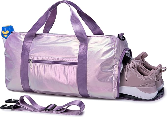 Gym Bag Sports Duffle Bag with Wet Pocket Weekender Overnight Bag with Waterproof Shoe Pouch and Air Hole for Women Girls Travel Foldable Bag (Metallic Purple)