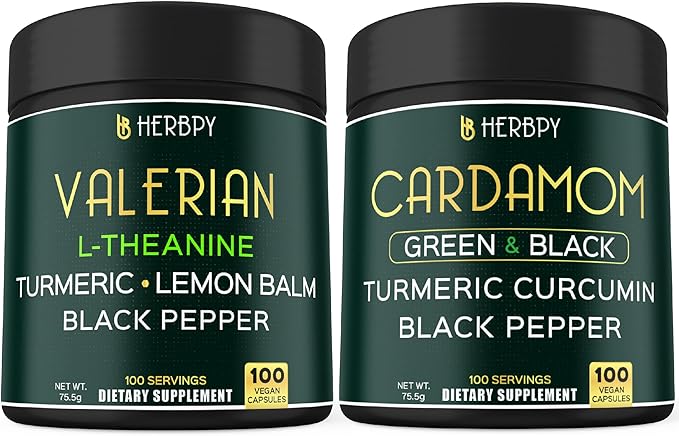 Bundle 5in1 Valerian Root Supplement 100 Count & 4in1 Cardamom Supplement 100 Count - Support Relaxation, Digestion, Heart and Oral Health