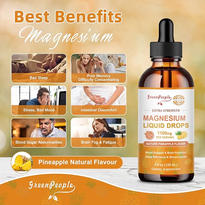 Magnesium Glycinate Liquid Drop - 17-in-1 Triple Absorption Magnesium Supplement with Magnesium Glycinate 400mg & Citrate 500mg for Calm Mood/Muscle & Sleep,4 fl. oz Pineapple Flavor
