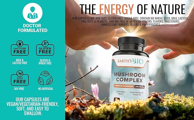 EARTH'S BIO Mushroom Supplement Complex 2,600 mg per Serving, 90 Caps, with Organic Lion's Mane Mushroom, Turkey Tail, Enoki Agaricus, White Button & Oyster Mushroom - Memory & Immune Support