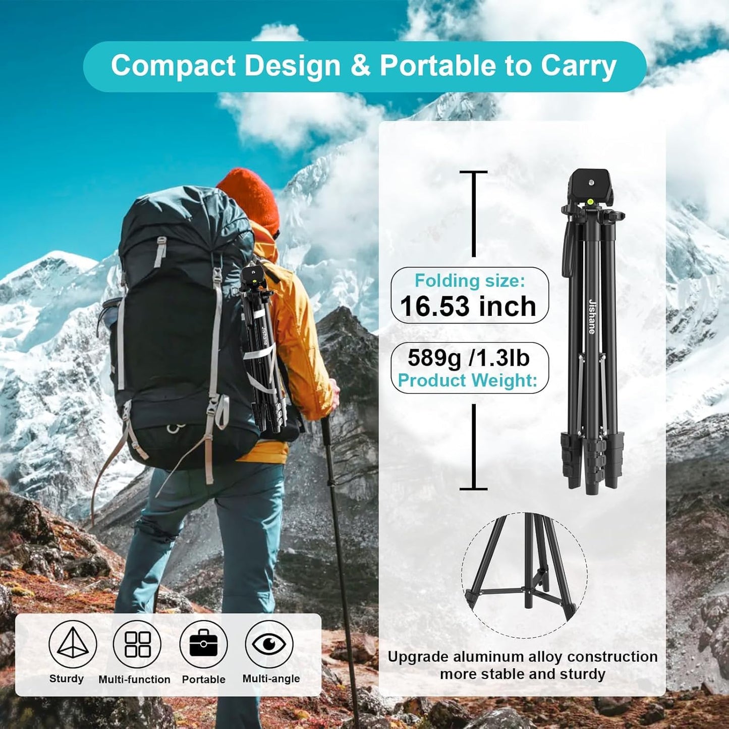 Jishane 71" Camera Tripod Phone Tripod with Wireless Remote Phone Holder and Carry Bag, Aluminum Lightweight Camera Tripod Stand Compatible with Smartphone Cameras, Max Load 6.6 lbs