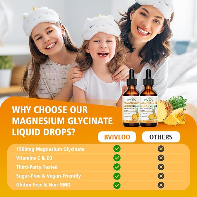 2 Pack Magnesium Glycinate Liquid, High Absorption Magnesium Liquid Drops with Cellulose Fiber, Bromelain, Vitamins B6 C D & Zinc, Magnesium Supplement for Adults & Kids, Pineapple Flavor