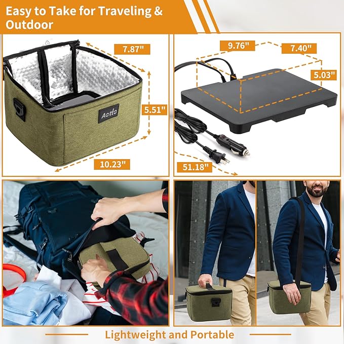 Aotto Portable Oven, Electric Lunch Box Food Heater - 12V/24V/110V 3-in-1 Car Food Warmer - Heated Lunch Box for Adults - Cook, Reheat & Keep Meals Warm for Car, Truck, Travel, Work, Home - Green