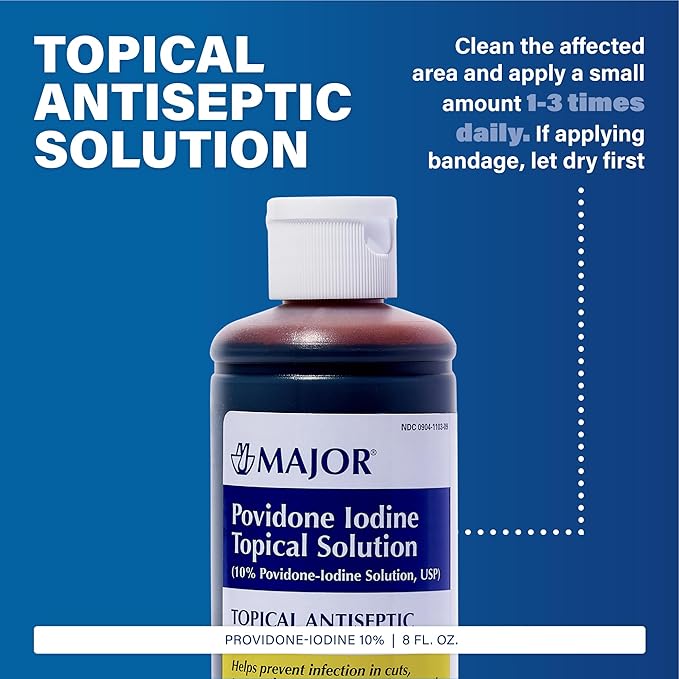 Major 10% Povidone-Iodine Liquid Topical Solution, USP - Topical Antiseptic for Cuts, Scrapes, Burns, and Minor Skin Wounds - 8 Fl. Oz. (1 Pack)