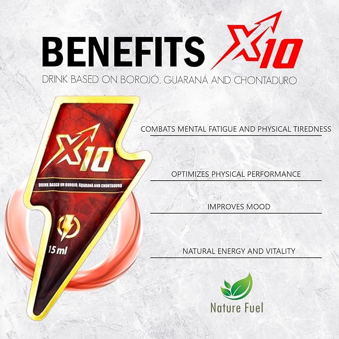 X10 Natural Supplement - Chontaduro, Guarana, and Borojó Blend | 15ml Sachets (7-Pack) | Plant-Based Energy Support.