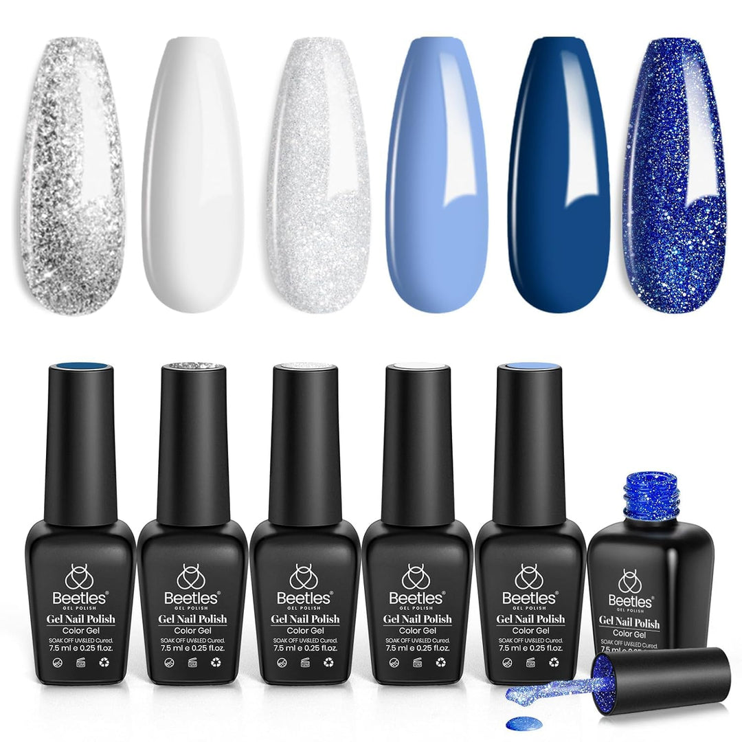 Beetles Gel Nail Polish Set, White Glitter Navy Blue Silver 6 Colors Gel Polish Gel Nail Polish Soak Off Uv Led Lamp For Women G