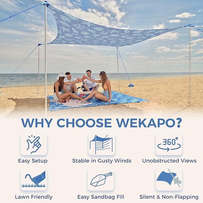 WEKAPO Beach Tent Sun Shelter - Easy Setup Beach Canopy with 4 Sturdy Poles, Large Sandbags and Shovel, 6'7'' Tall, Windproof Sun Shade for Backyard and Camping, UPF 50+ Protectio