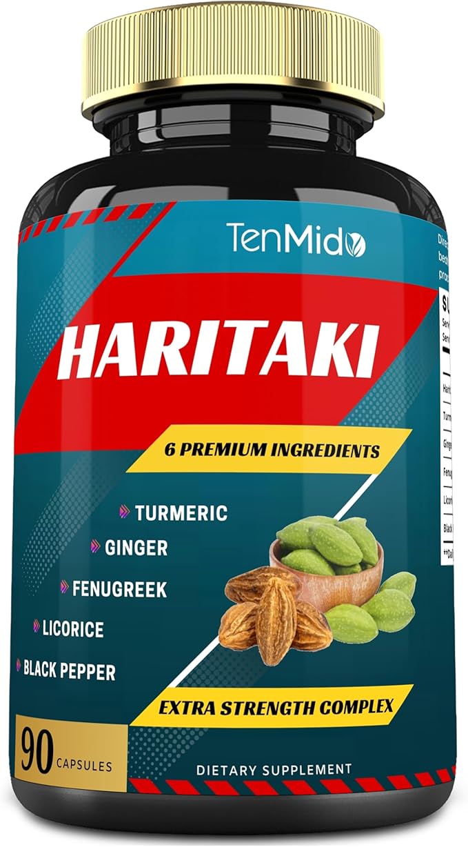 Haritaki Supplements Extract Capsules with Turmeric, Ginger, Fenugreek, Licorice, Black Pepper | Nourishes, Rejuvenates Body, 3 Months Supply