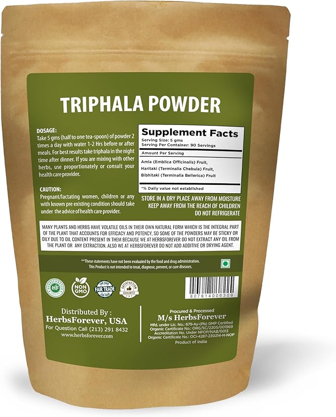 Triphala Churna Powder Traditional Ayurvedic Formulation Supports Detoxification and Rejuvenation Non GMO, Vegan 454 GMS