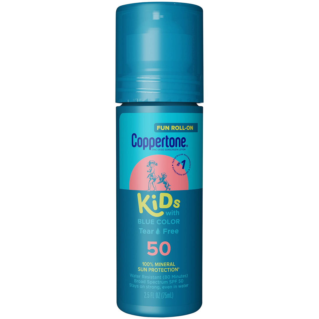 Coppertone Kids Roll On Sunscreen Lotion SPF 50, Tear Free Kids Sunscreen with Blue Color and Zinc Oxide Sun Protection, 2.5 Fl Oz Tube