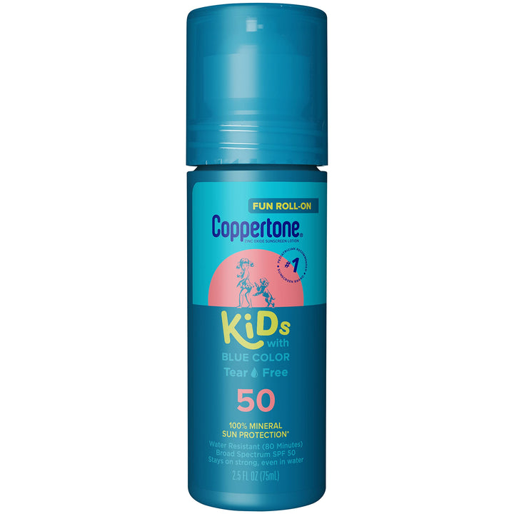 Coppertone Kids Roll On Sunscreen Lotion SPF 50, Tear Free Kids Sunscreen with Blue Color and Zinc Oxide Sun Protection, 2.5 Fl Oz Tube
