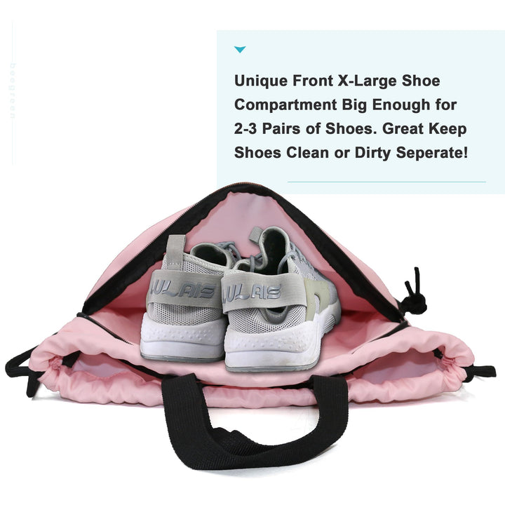 BeeGreen Pink Drawstring Backpack Bag with Shoe Compartment X-Large Gym Sports String Cinch Sackpack with Front Inside Zipper Pockets 75D