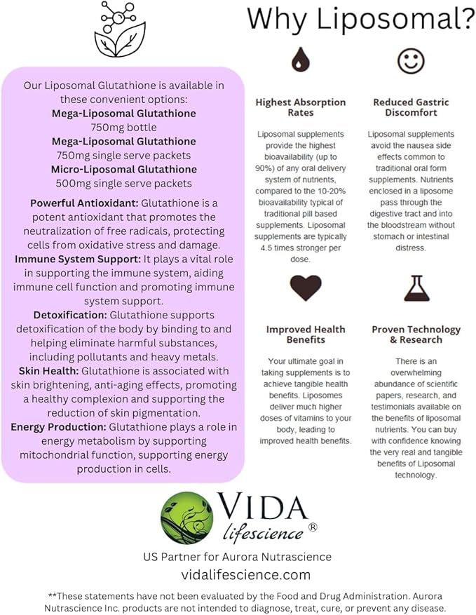 Aurora Nutrascience Mega-Liposomal Liquid Glutathione, Immune & Antioxidant Gut Health Support Supplement, 750 mg per Serving, Non-GMO, Sugar-Free, 10 Single Serve Packets