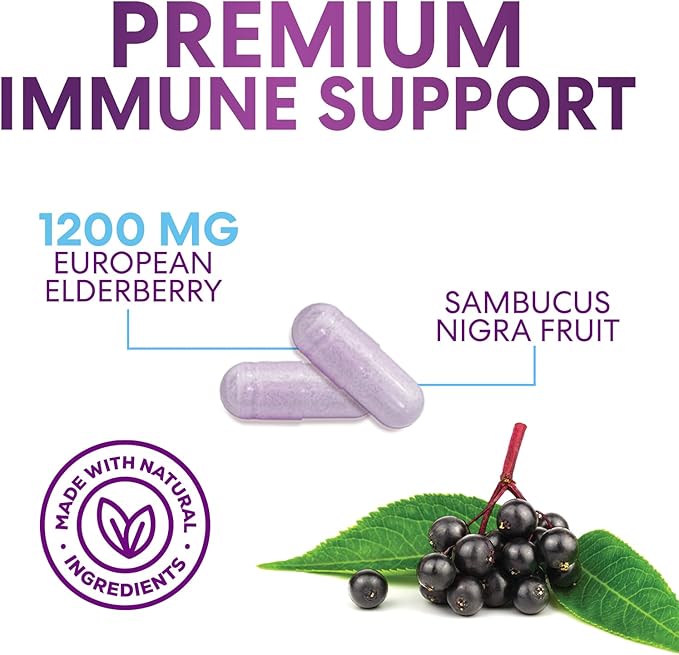 Elderberry Immune Support Extract Capsules - Daily Immune Support for Adults with Natural Sambucus Black Elderberry Antioxidant - No Sugar & Gluten Free Vitamin, Non-GMO Supplement - 60 Capsules