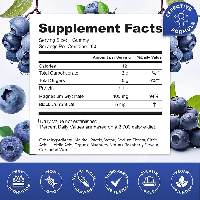 Blueberry Flavor Magnesium Glycinate Gummies 400mg – High Absorption Supplement for Adults and Kids, Sugar-Free, Gelatin-Free, Vegan-Friendly, 60-Day Supply