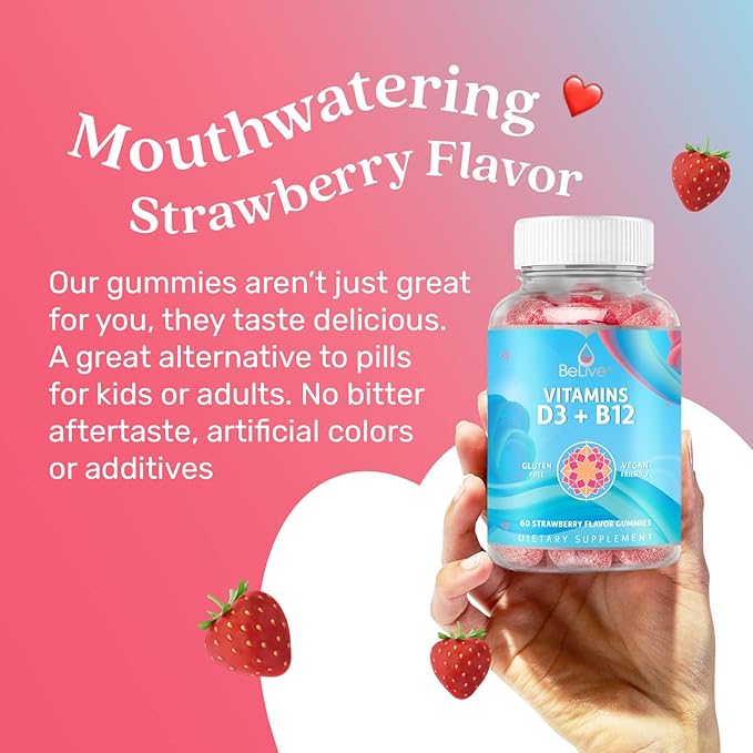 BeLive Vitamin D3 Gummies with B12 Vitamins - Immune Support Gummies with Vegan Vitamin B12 & D3, Provides Enhanced Bone & Muscle Strength, Hearth Health and Energy - Strawberry Flavor | 3-Pack