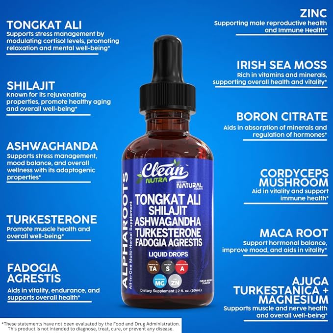 Tongkat Ali Liquid Drops Shilajit, Ashwagandha, Turkesterone, Fadogia Agrestis, Magnesium, Irish Sea Moss, and Zinc Herbal Supplement by Clean Nutra