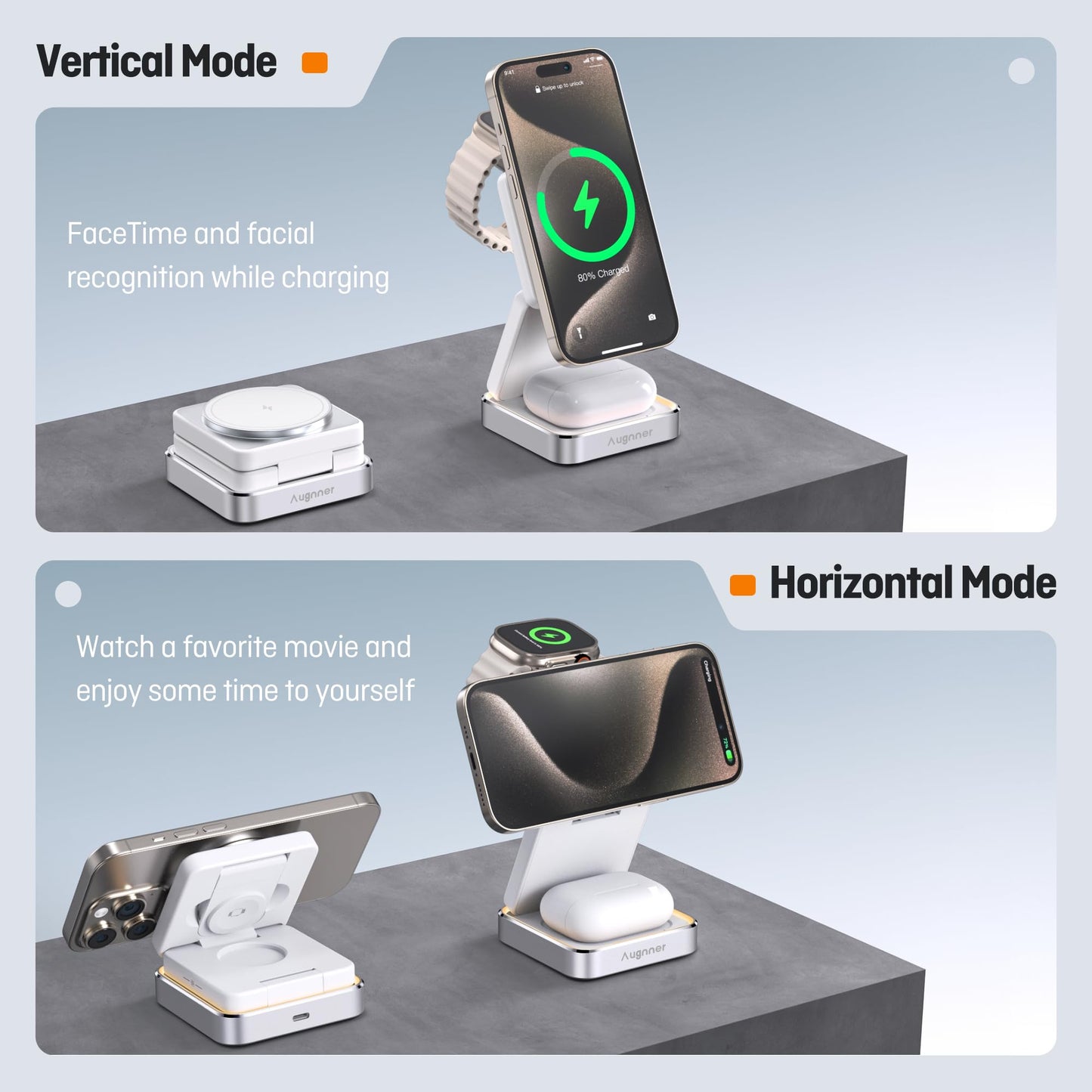 【2025 Upgraded】Magnetic Wireless Charger 3 in 1, Travel Foldable Wireless Charging Station with Night Light for Apple MagSafe Charger, Nightstand Fast 15W Charging Station (20W Adapter)
