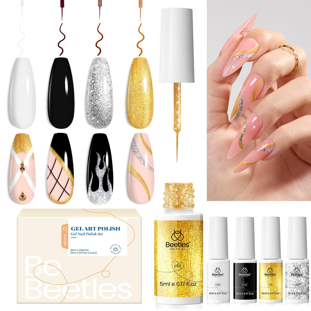 Beetles Nail Art Liner Gel Polish Set, 4 Pcs Neutral Classic Glitter Reflective Colors Swirl Manicure Design Shiny Gold Silver B