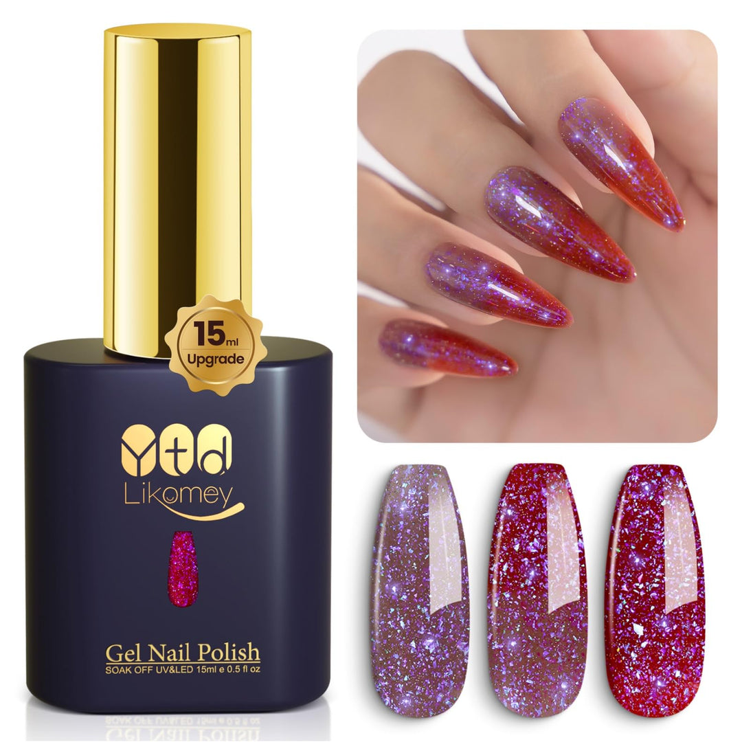 YTD Likomey Brocade Glitter Color Changing Gel Nail Polish,15ml Light Purple To Jujube Red Shimmer Mood Temperature Change Colors Iridescent Flakes,Spring Summer Thermal UV Nail Gel,WB340