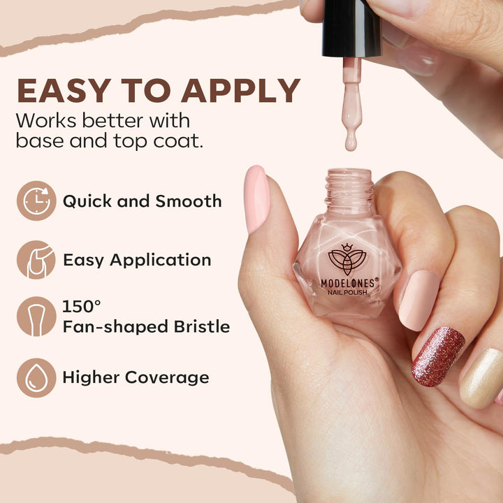 modelones Nail Polish Set 6 Colors, Nude Brown Burgundy Glitter Quick Dry Mini Nail Lacquer Kit, Skin Tone Dark Red Pink Nail Art DIY Home Travel Salon Nail Art Manicure Gift for Women Girls