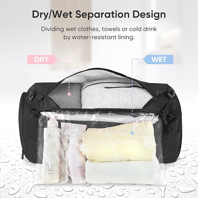 BALEINE Gym Bag for Women and Men, Duffel Bag for Sports, Gyms and Weekend Getaway, Waterproof Dufflebag with Shoe and Wet Clothes Compartments, Lightweight Carryon Gymbag (Black)