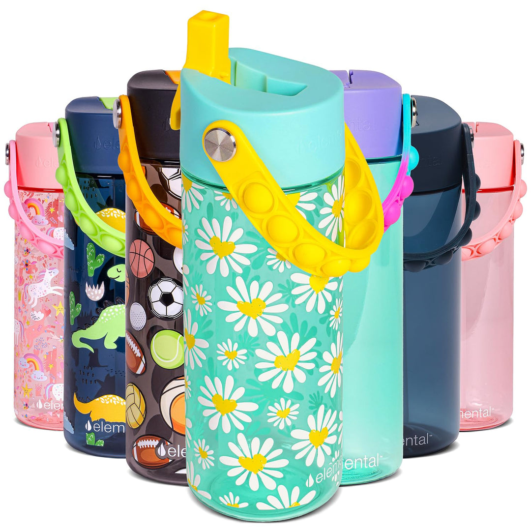 Elemental Leak Proof Water Bottles for Kids - Splash Kids Water Bottle for School with Fun Fidget Pop-it Handle - BPA Free Tritan Plastic Reusable Water Bottle with Straw - Daisy Heart - 18oz