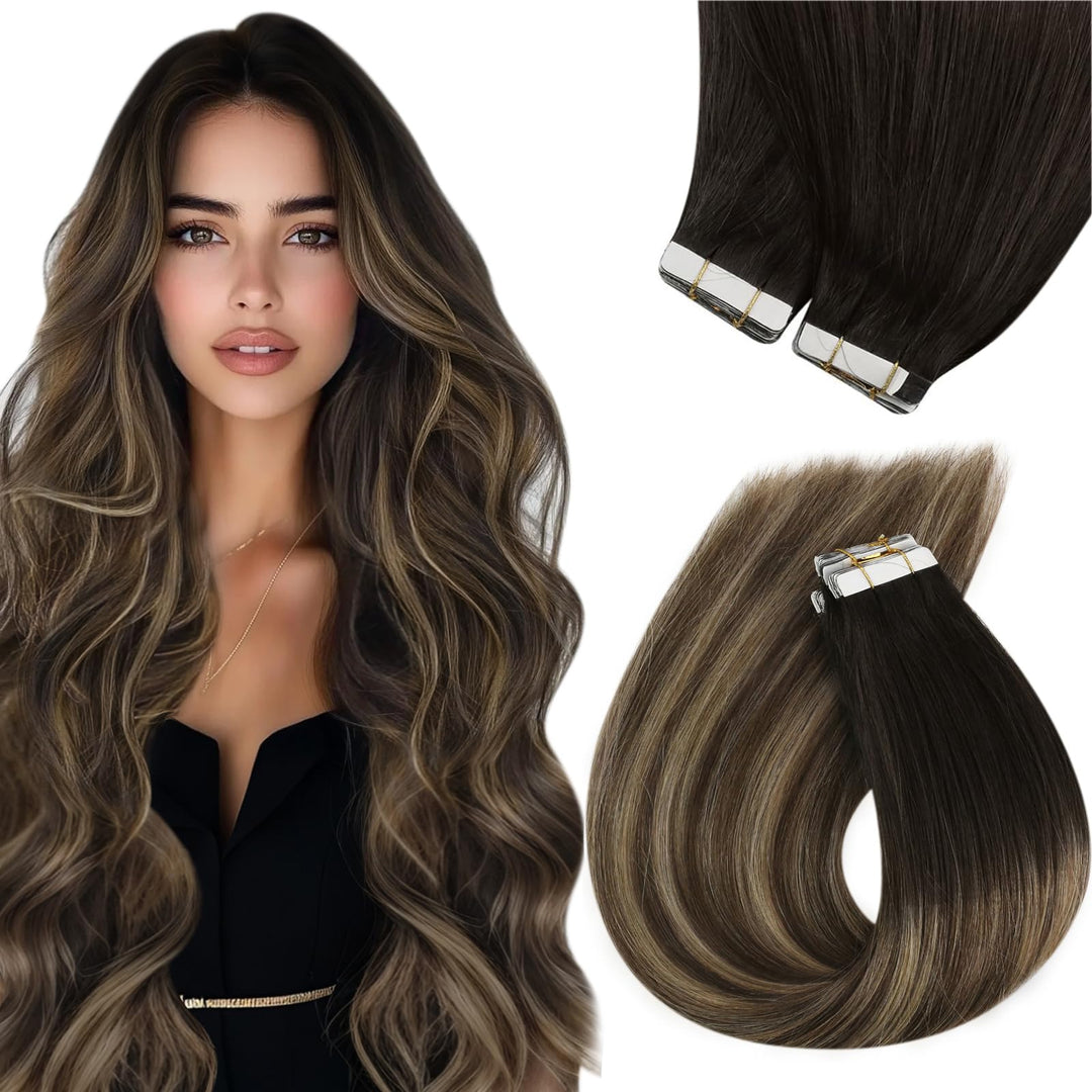Sunny Hair Tape in Hair Extensions Black Balayage Tape in Hair Extensions Human Hair Ombre Tape in Extensions Black Ombre to Dark Brown Mix Ash Brown Tape in Extensions Human Hair 20pcs 12inch