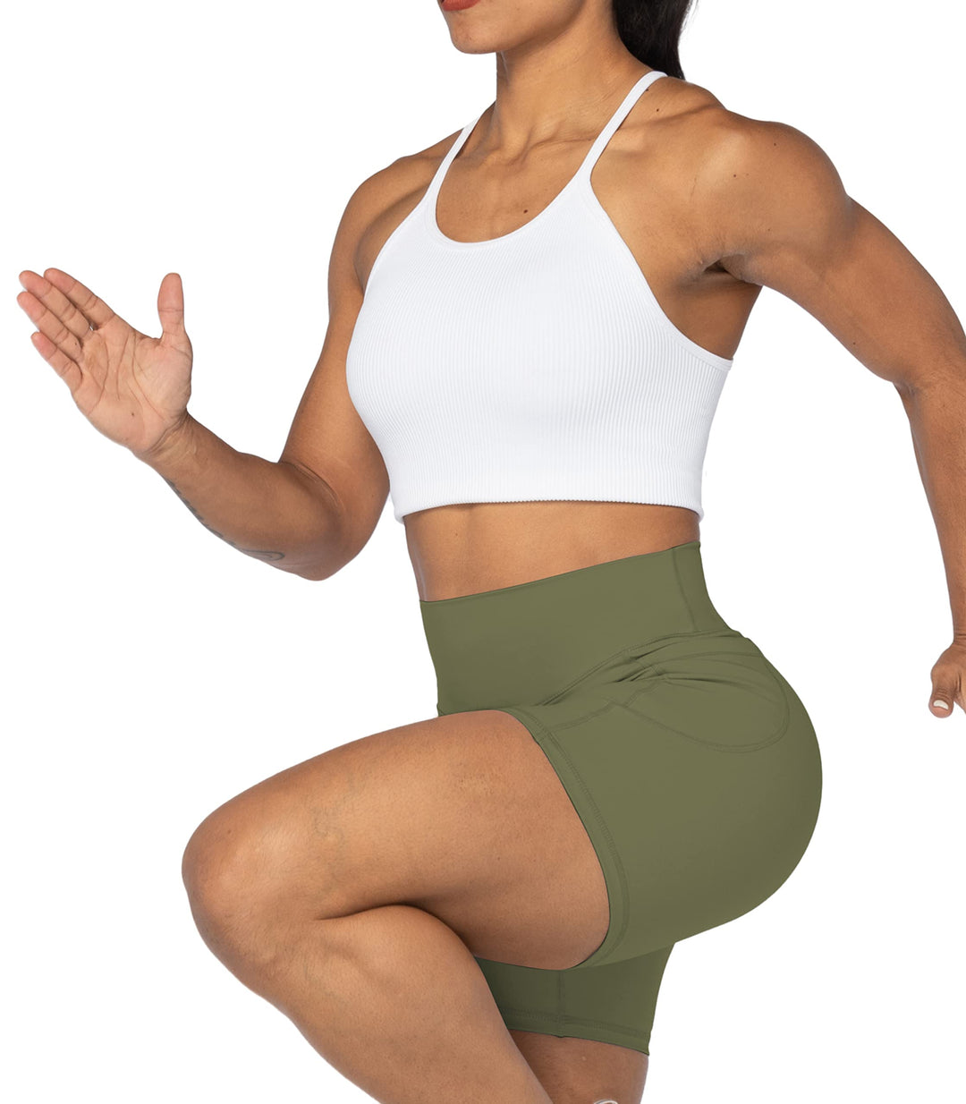 Sunzel No Front Seam Biker Shorts for Women with Pockets, Yoga Workout Gym Bike Shorts with Tummy Control 5" Olive Green X-Small