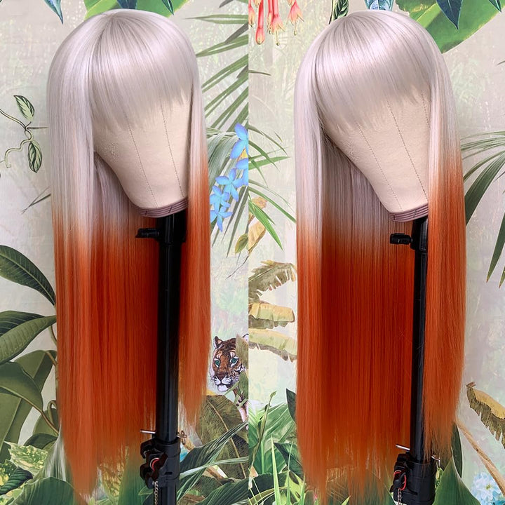 QD-Tizer Long Straight Orange Synthetic Wigs with Bangs Heat Resistant Fiber Glueless Synthetic No Lace Wigs for Fashion Women White Hair Party/cosplay Wigs