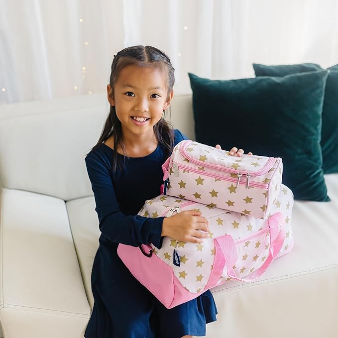 Wildkin Kids Overnighter Duffel Bag – Carry-On Size, Ideal for School & Sleepovers – Pink and Gold Stars