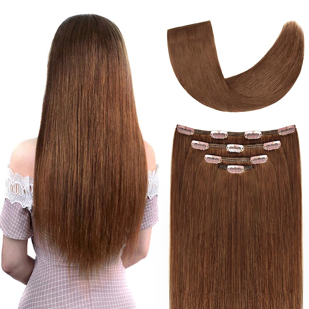 22'' Human Hair Extensions Clip In Remy Hair For Women - Silky Straight Clip In Hair Extensions 90Grams 4Pieces Light Brown #6 C