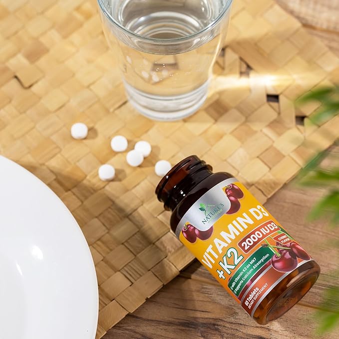 Vitamin D3 K2 2000 IU Plus with K2 (MK-7) 75 mcg - Vitamins D & K Complex Supplement for Bone, Teeth, Muscle, Calcium Absorption, Supports Immune & Heart Health, Non-GMO Chewable Formula - 60 Tablets