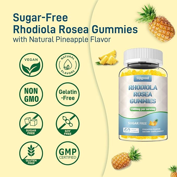 2 Pack Sugar-Free Rhodiola Rosea Gummies, Adaptogenic Rhodiola Rosea Supplement & Cortisol Blocker for Enhanced Stamina, Mood Elevation, and Motivation Boost, Non-GMO, Vegan, 120 Count