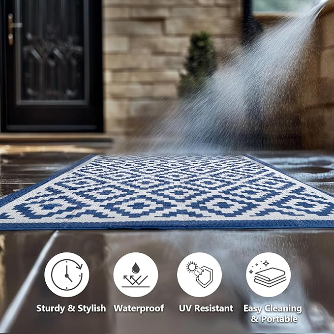 5x8 ft Outdoor Rug Waterproof, Plastic Straw Patio Carpet - UV Resistant Reversible Indoor Outdoor Rugs for Porch, Camping, Poolside, RV, Balcony, Easy to Clean, Blue and White