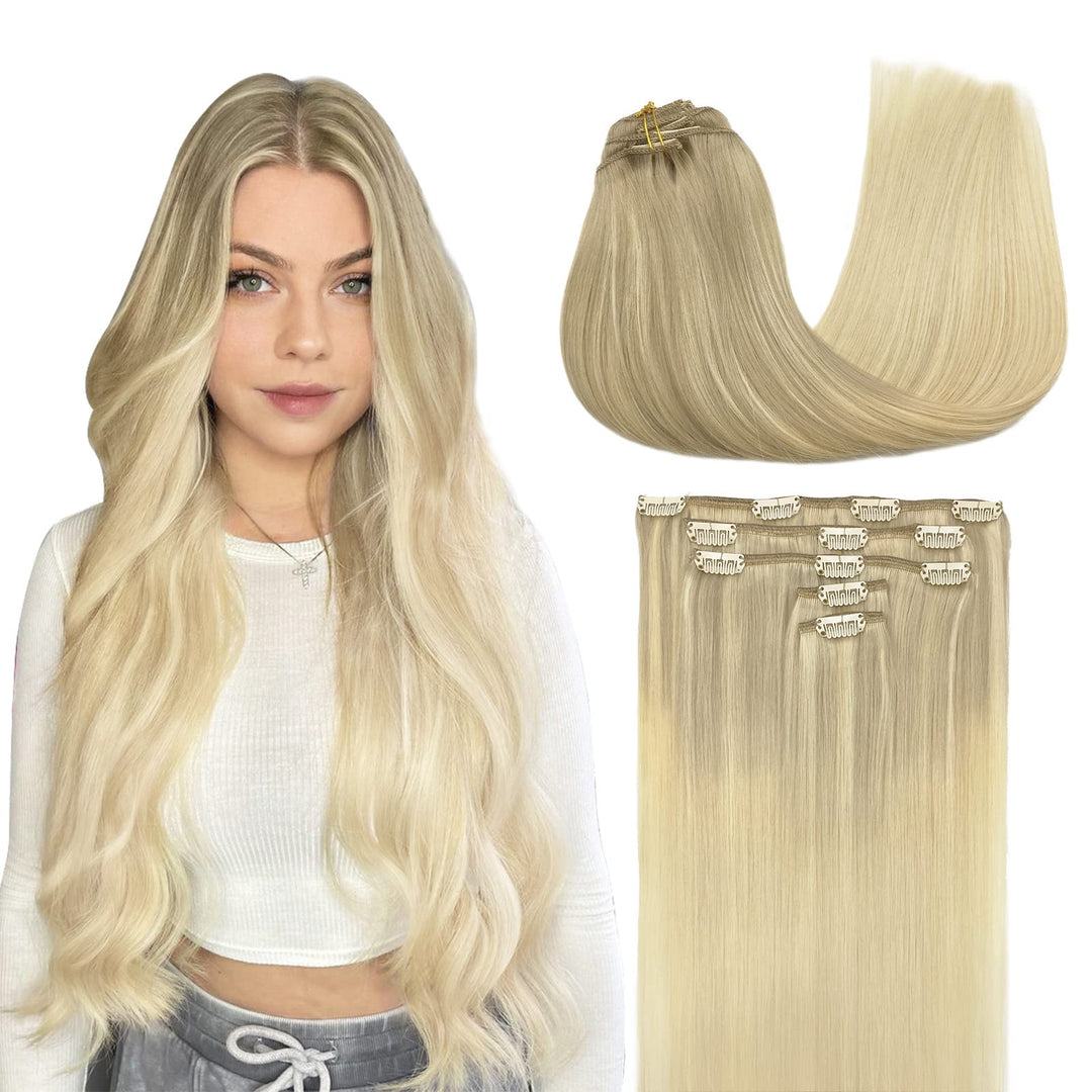 Maxita Human Hair Extensions Clip In, 5Pcs 70G Balayage Ash Blonde To Golden Blonde And Platinum Blonde 20 Inch, Clip In Hair Ex