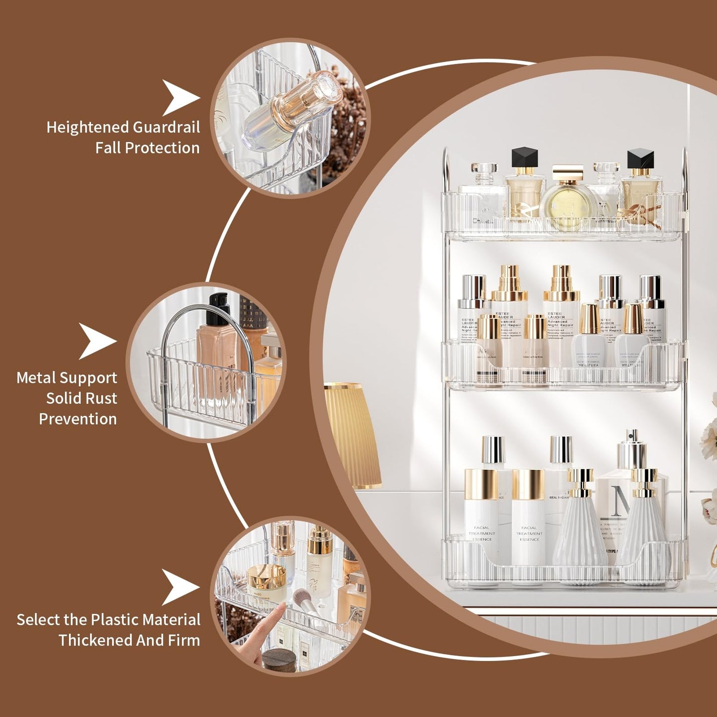 Bathroom Organiser Countertop - Vanity Trays for Skincare Makeup, 3-Tier Counter Shelf for Cosmetics, Toiletries, Lotions, Perfumes (Clear)