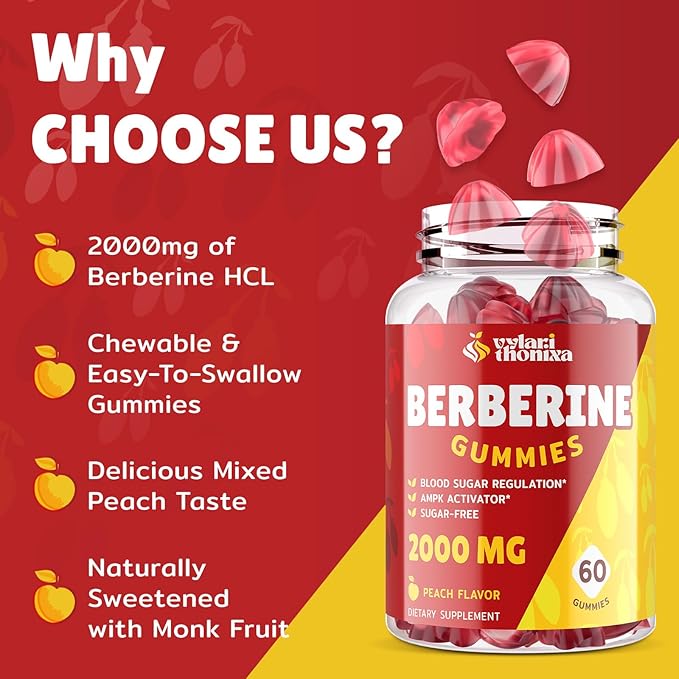 2000mg Berberine Supplement Gummies - High Potency Berberine with Ceylon Cinnamon Candy, Turmeric, Magnesium, Chromium - Sugar Free, Vegan, Non-GMO, Gluten-Free - Peach Flavor 60 Gummies - 1 Pack