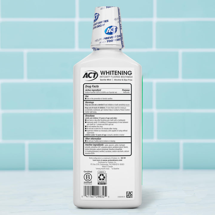 ACT Whitening + Anticavity Fluoride Mouthwash 16.9 fl. oz. With Zero Alcohol, Dye Free, Gentle Mint