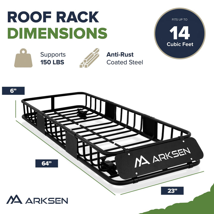 ARKSEN Roof Rack Skinny Cargo Carrier with Basket & Net, Heavy Duty Weather Resistant Top Mount Cargo Rack, Luggage & Camping Gear Storage for Car, Truck or SUV Transport