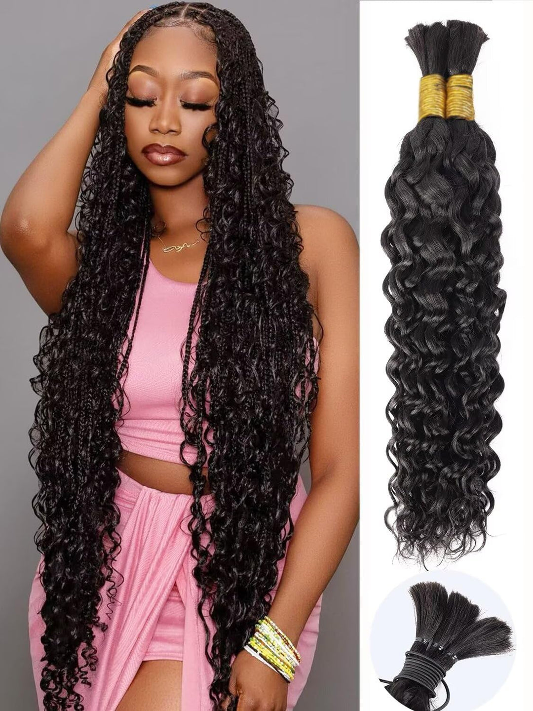 Water Wave Braiding Hair 100g 14 Inch Natural Black Deep Wave Bulk Human Hair for Braiding No Weft Bundle Brazilian Virgin Curly Human Hair Extensions for Boho Braids Wet and Wavy Human Braiding Hair