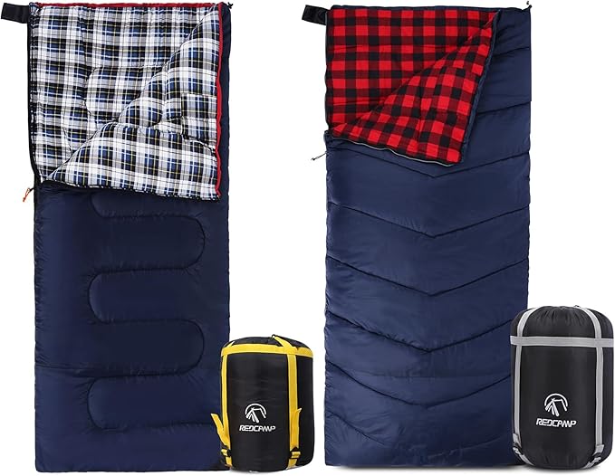 REDCAMP Outdoors Cotton Flannel Sleeping Bag for Camping Hiking Climbing Backpacking, Envelope Sleeping Bag with Compression Sack, Red Plaid 3lbs(79"x33"), Navy Blue 2lbs (75"x33")