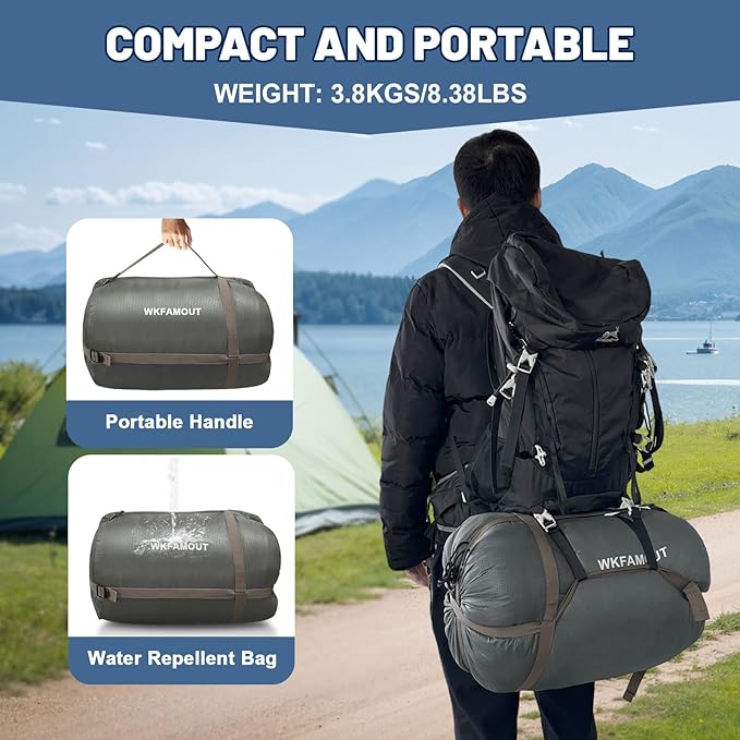 Cotton Flannel Double Sleeping Bag for Adults Machine Washable 2 Person Camping Sleeping Bag Queen Size Waterproof with Compression Sack for Cold Weather 3-4 Seasons