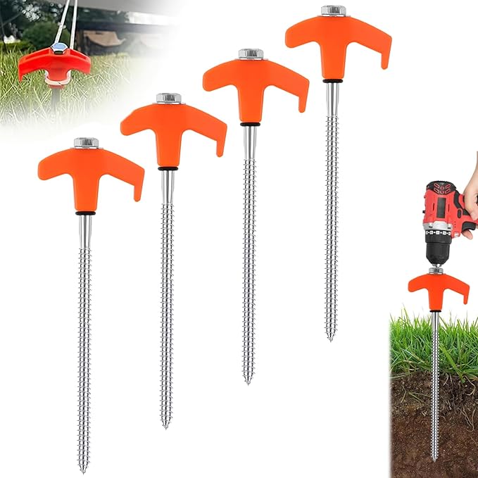 8" Screw in Tent Stakes - Ground Anchors Screw in, New Metal Threaded Tent Spikes, Screw in Tent Stakes Heavy Duty, Tent Stakes for Outdoor Camping (4 PCS)