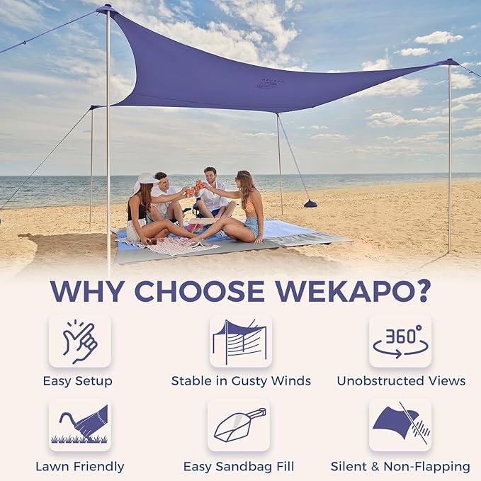 WEKAPO Beach Tent Sun Shelter - Easy Setup Beach Canopy with 4 Sturdy Poles, Extra Large Sandbags and Shovel, 7'8'' Tall, Windproof Sun Shade for Backyard and Camping, UPF 50+ Protection