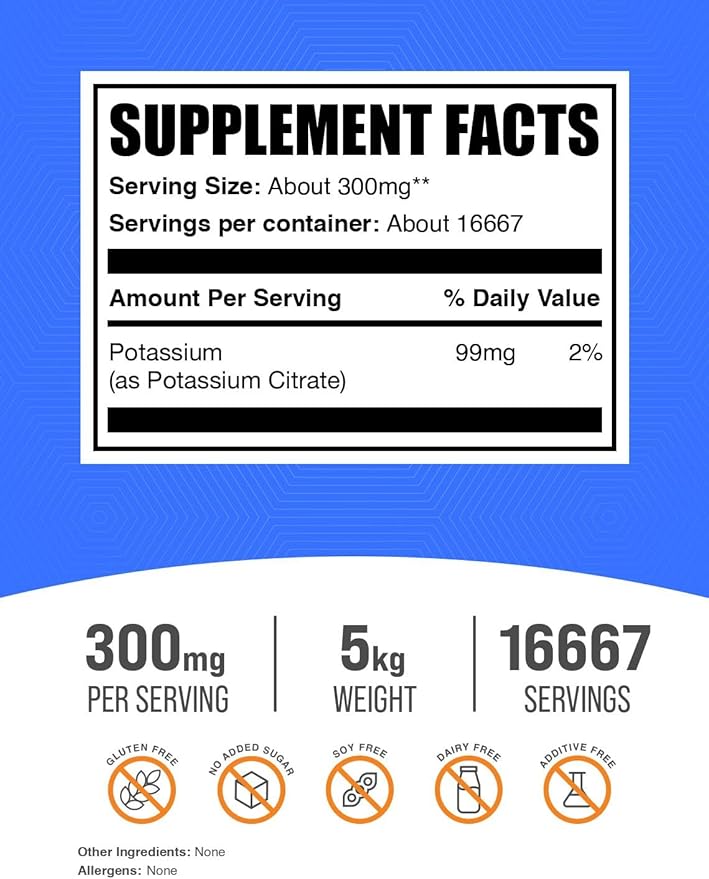 BulkSupplements.com Potassium Citrate Powder - Potassium Citrate Supplement, Potassium Powder, Potassium 99mg - Gluten Free, 300mg per Serving, 5kg (11 lbs) (Pack of 5)