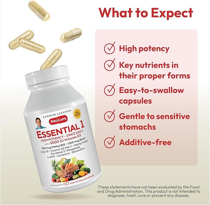 ANDREW LESSMAN Essential-1 Multivitamin 5000 IU Vitamin D3 360 Small Capsules - 100 mcg Methyl B12. CoQ10 Lutein Lycopene Zeaxanthin. High Potency. No Additives. Ultra-Mild. One Daily Capsule